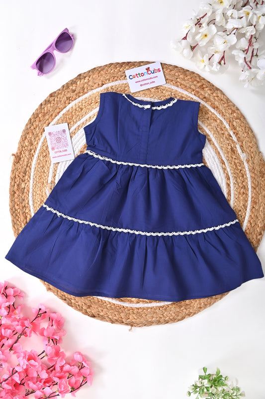 Navy Blue Cotton Frock with White Lace Detailing