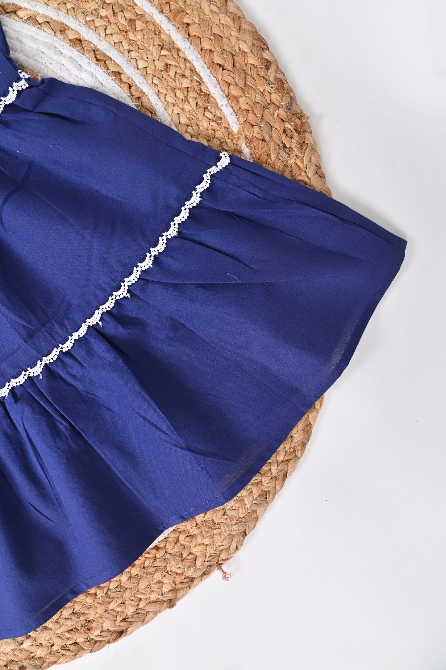 Navy Blue Cotton Frock with White Lace Detailing