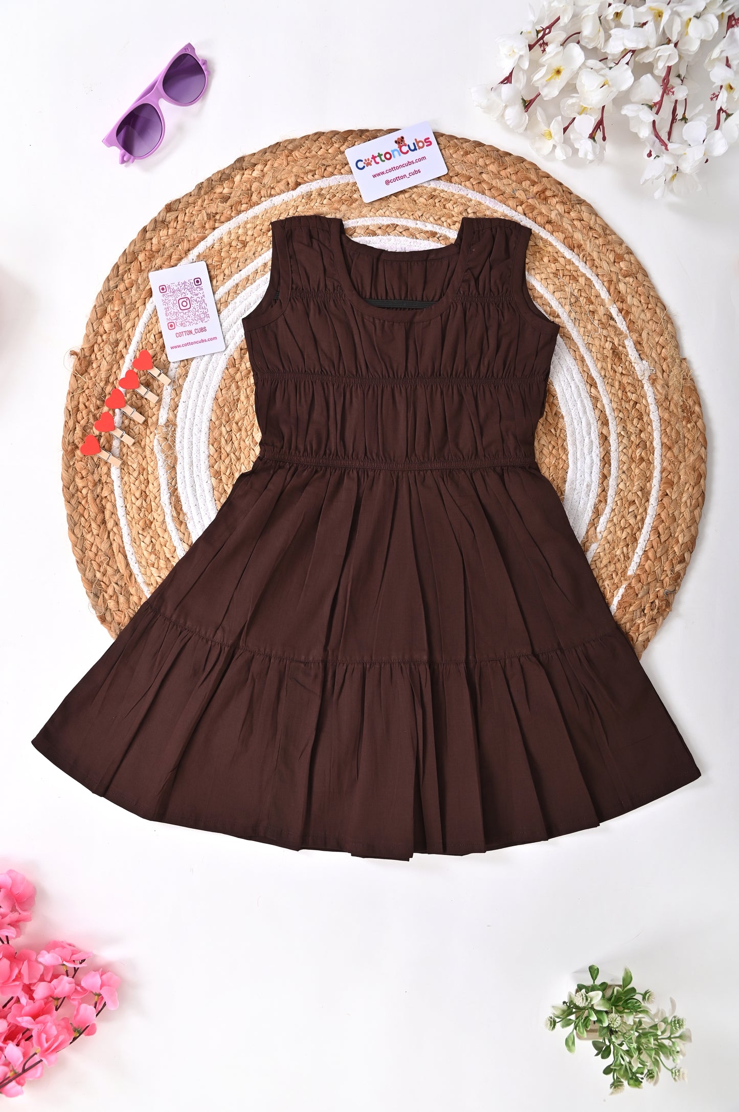 Solid Smocked Cotton Frock – 3 Colors (Black | Brown | Red)