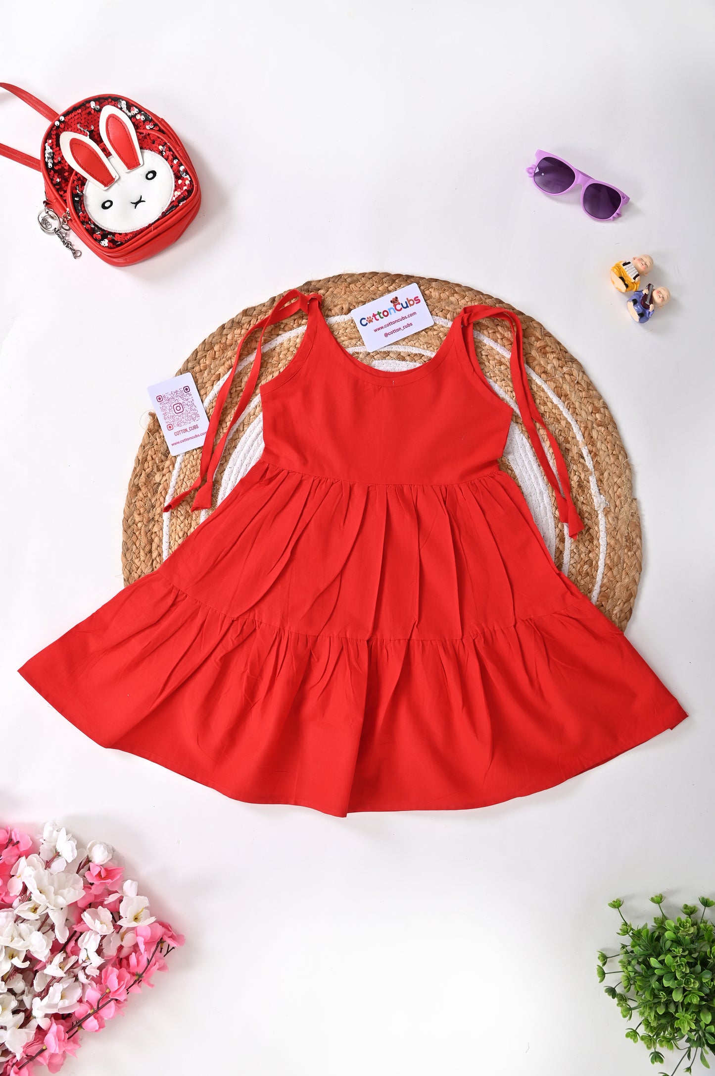 Tie up Tiered Cotton Frock – Red & Navy