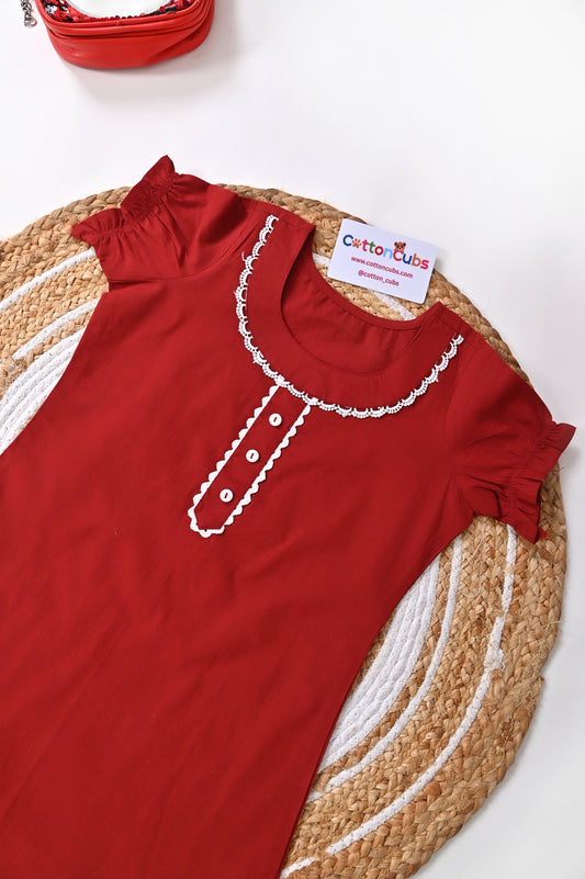 Elegant Lace Trim Kurta Pant Set – Maroon