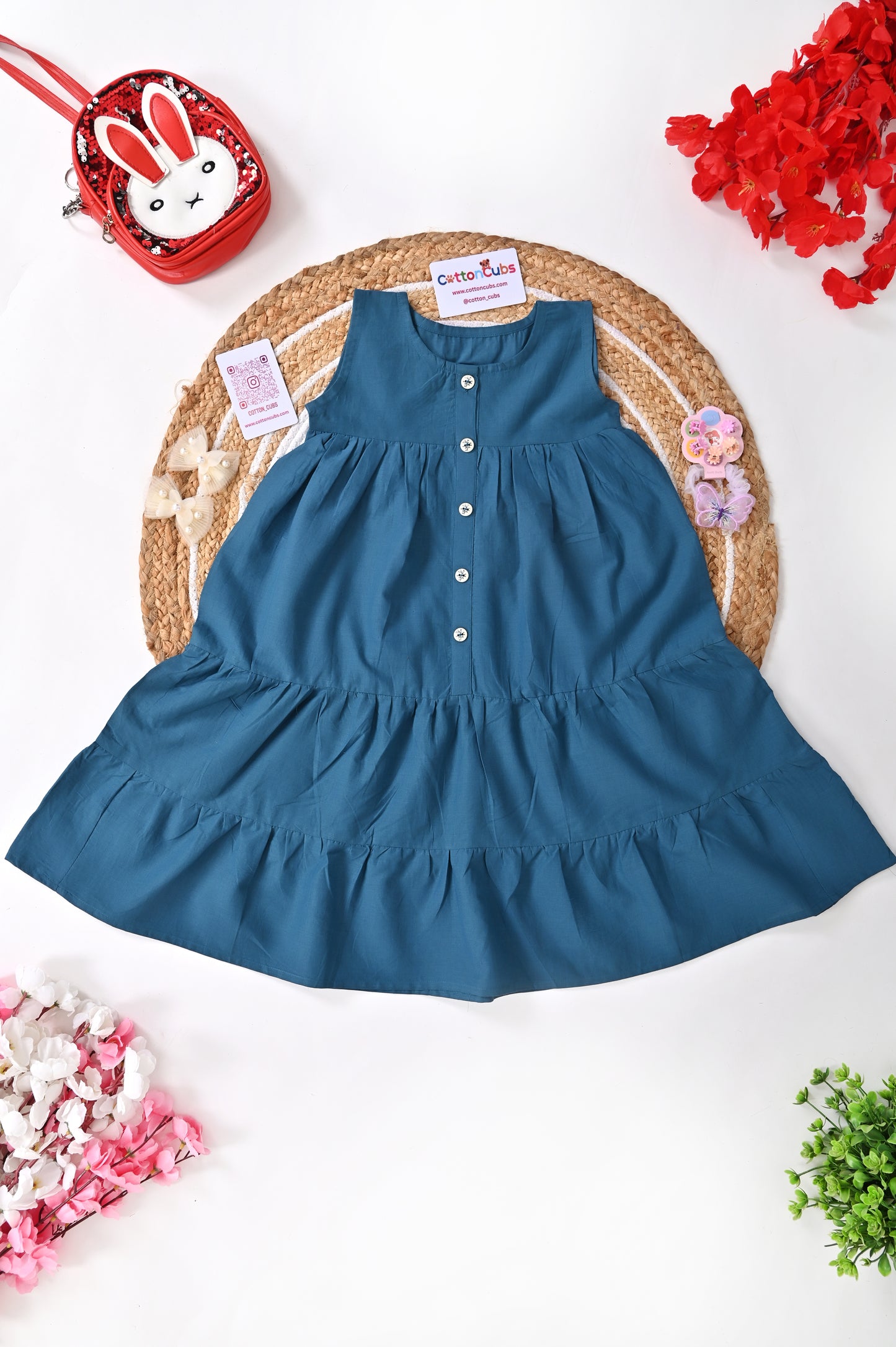 Teal Button-Down Tiered Cotton Frock