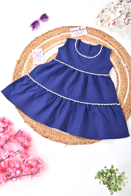 Navy Blue Cotton Frock with White Lace Detailing