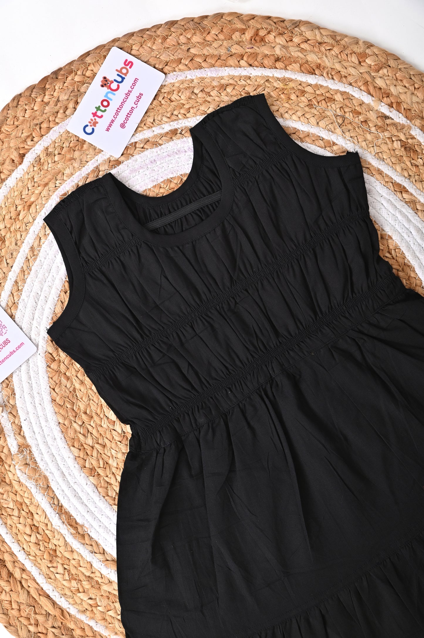 Solid Smocked Cotton Frock – 3 Colors (Black | Brown | Red)