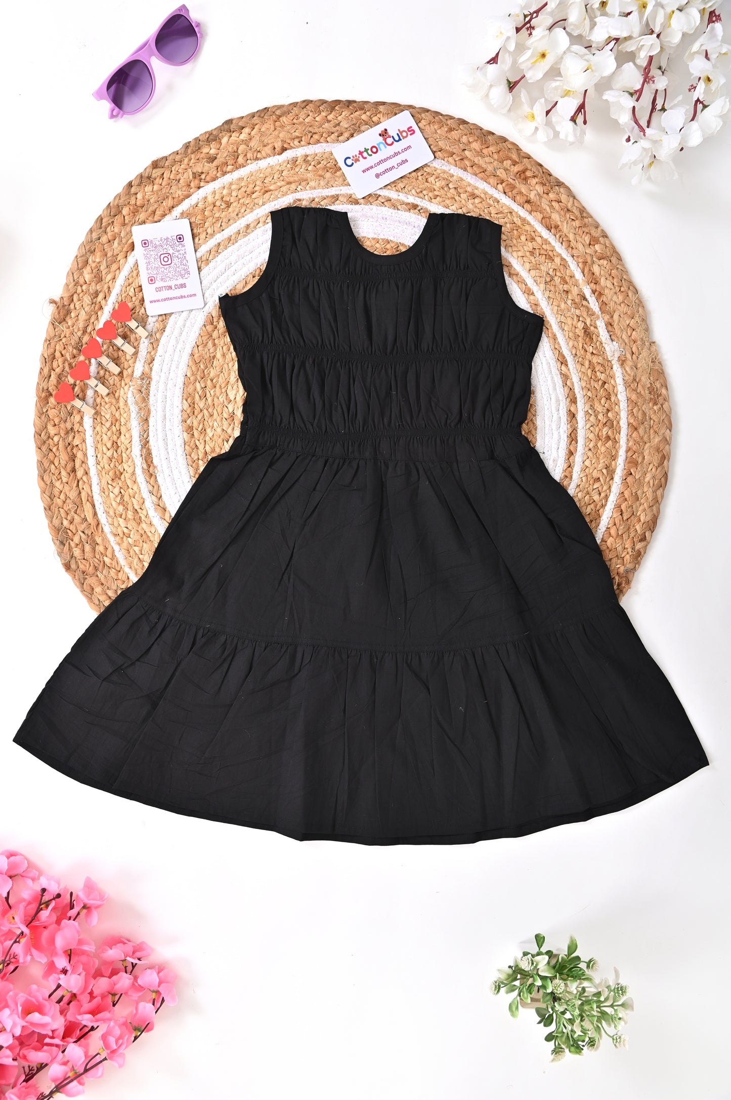 Solid Smocked Cotton Frock – 3 Colors (Black | Brown | Red)