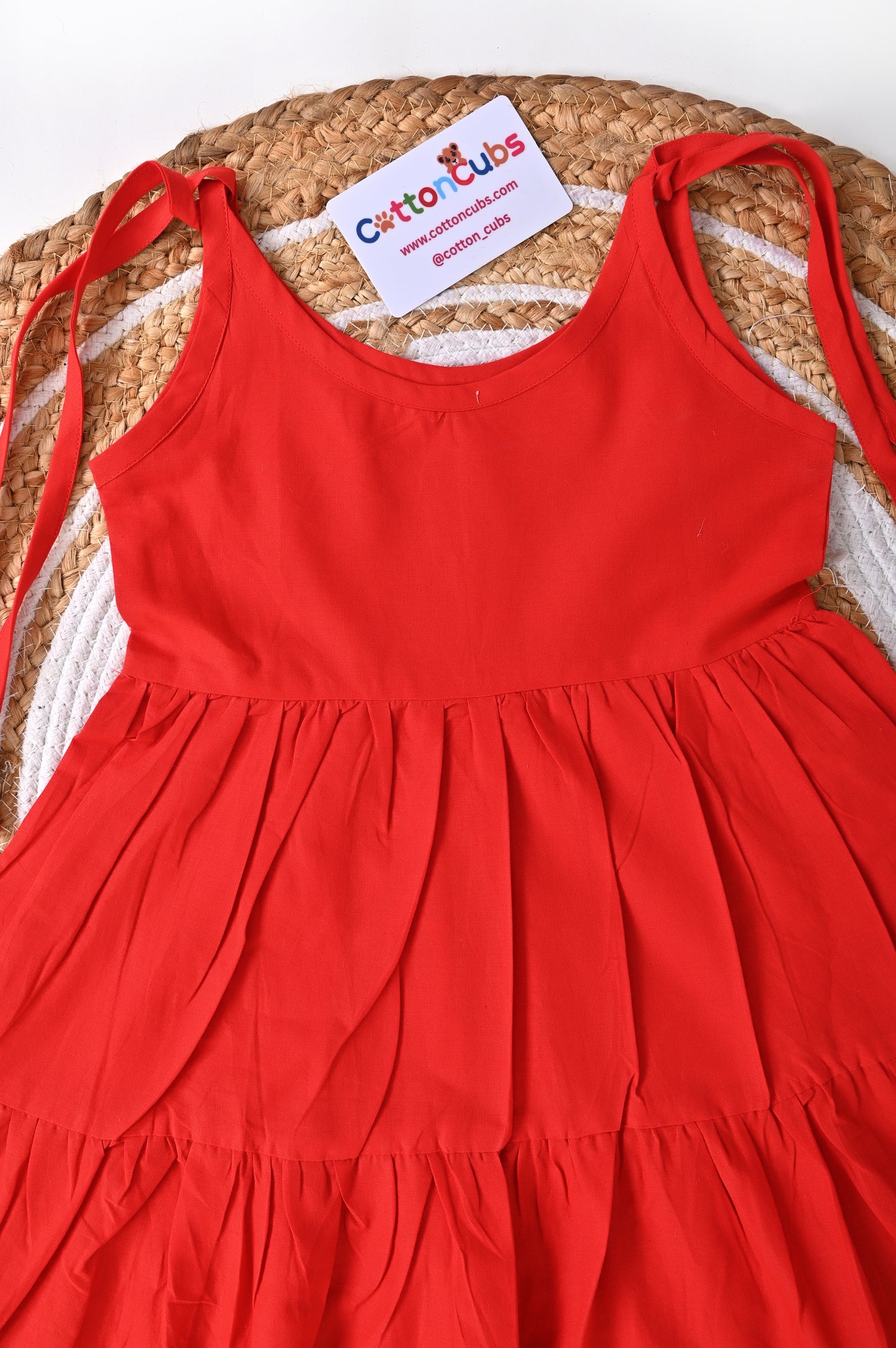 Tie up  Tiered Cotton Frock – Red & Navy