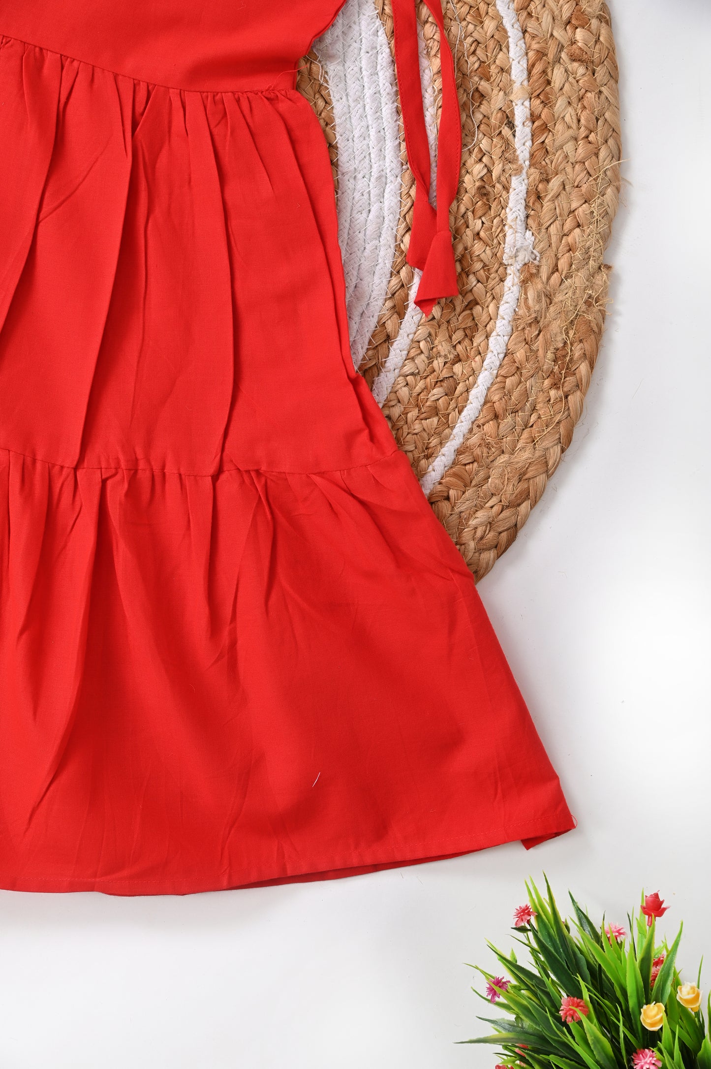 Tie up  Tiered Cotton Frock – Red & Navy