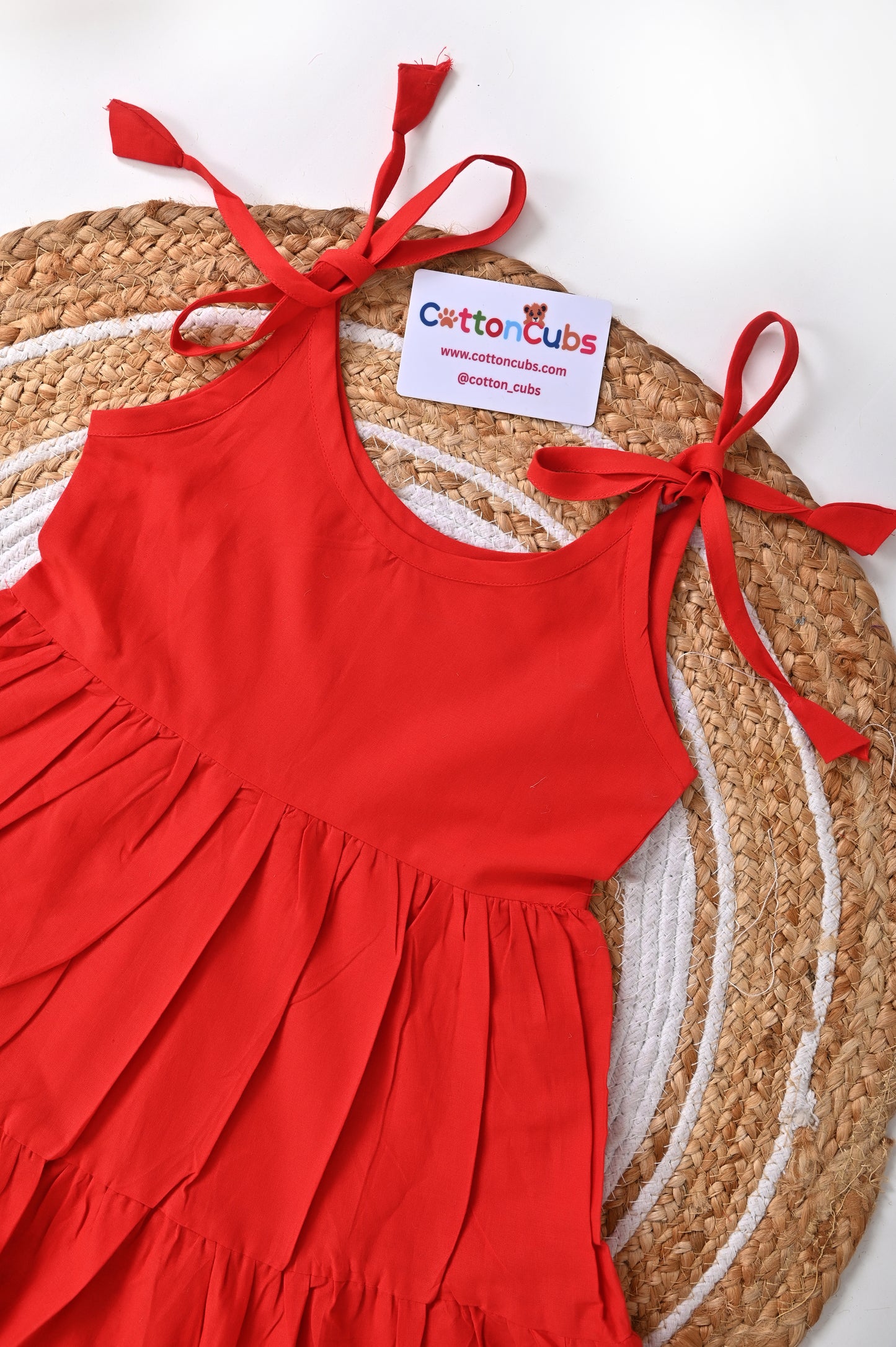 Tie up  Tiered Cotton Frock – Red & Navy