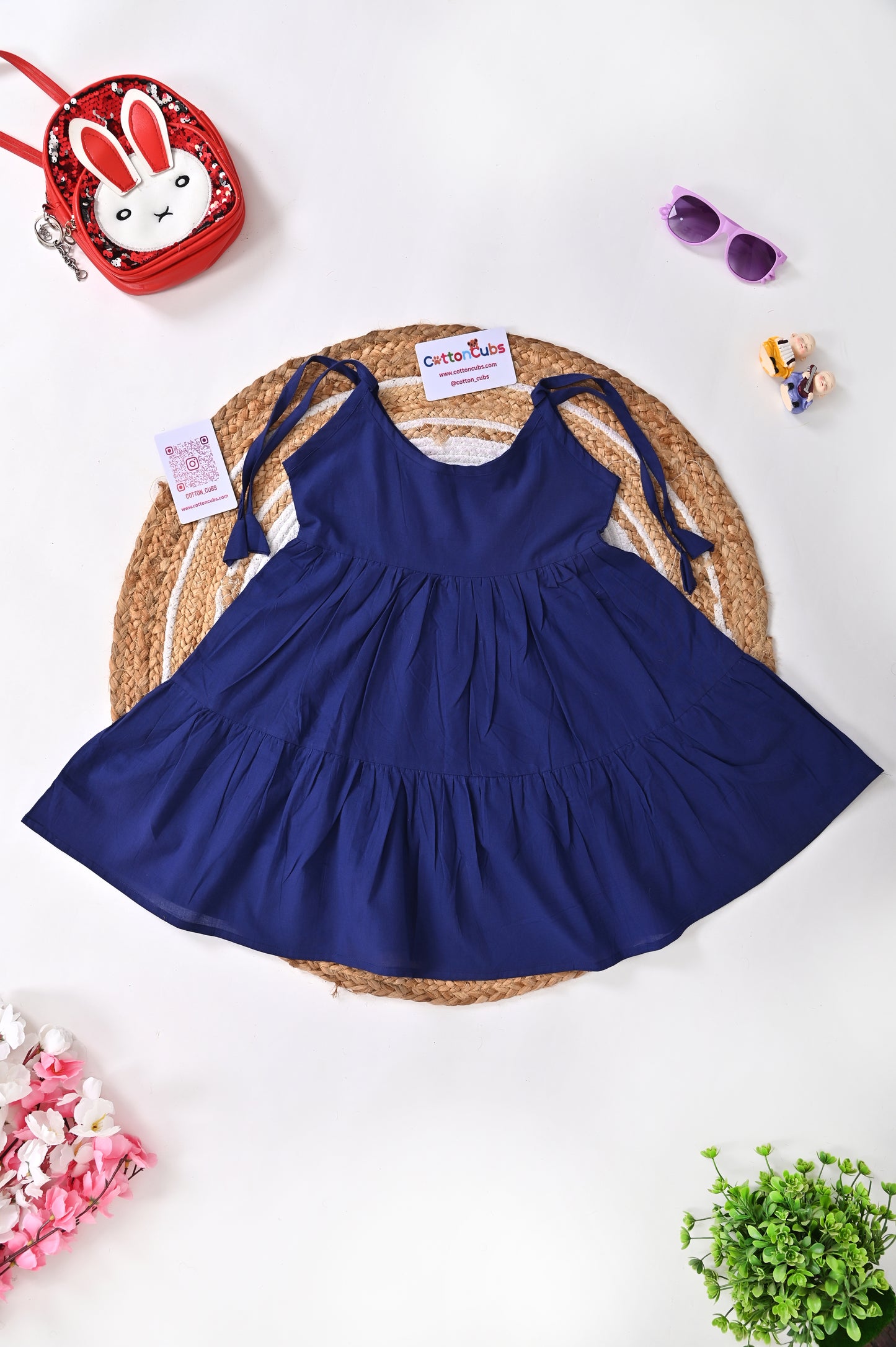 Tie up  Tiered Cotton Frock – Red & Navy