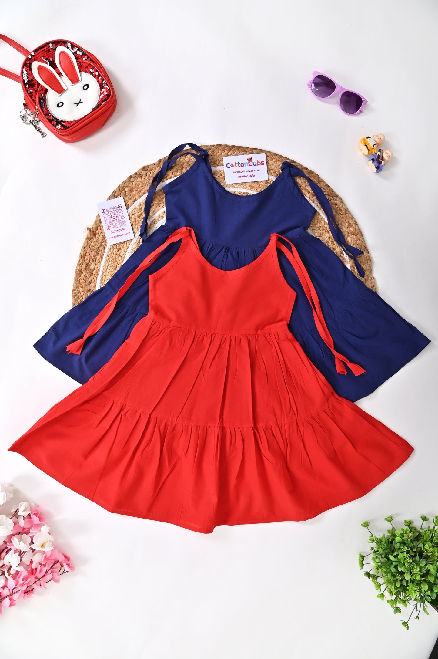 Tie up  Tiered Cotton Frock – Red & Navy