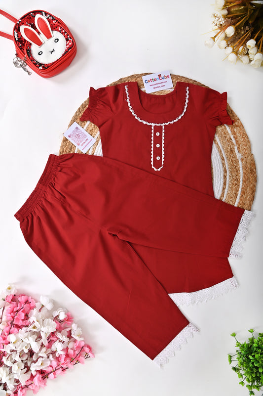 Elegant Lace Trim Kurta Pant Set – Maroon