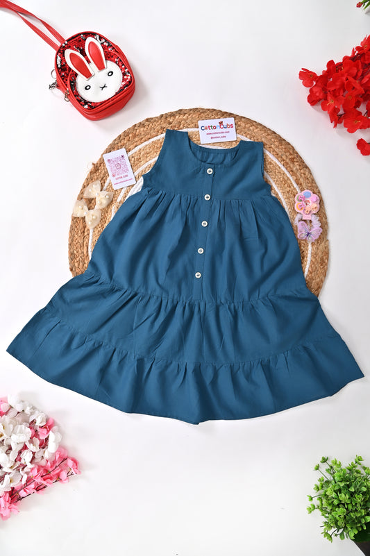 Teal Button-Down Tiered Cotton Frock